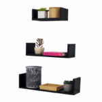 Zwarte zwevende wandplanken set van 3 – moderne houten wandrekken met decoratie