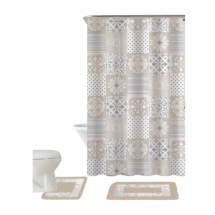 Kennedy badkamerset met douchegordijn, badmat, toiletmat en 12 gordijnringen – complete set voor een verzorgde en veilige badkamer.