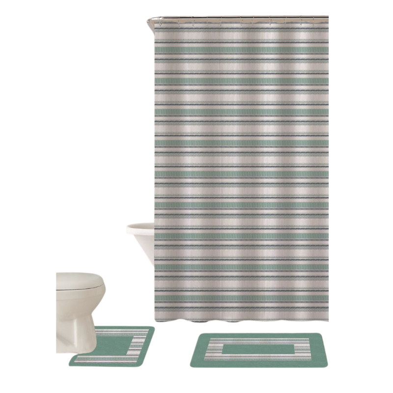 FH15PCTURQ Kennedy badkamerset met douchegordijn, badmat, toiletmat en 12 gordijnringen – complete set voor een verzorgde en veilige badkamer.