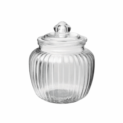 Glazen voorraadpot van 9×14 cm met verticale ribbels en glad glazen deksel met knop, geschikt voor keuken of badkamer.