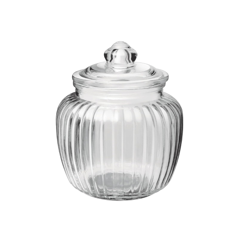 FSK10051 Glazen voorraadpot van 9×14 cm met verticale ribbels en glad glazen deksel met knop, geschikt voor keuken of badkamer.