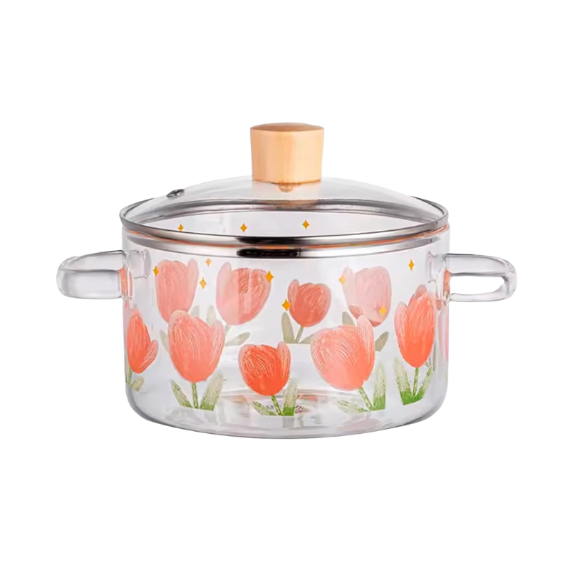 FSK9518 Glazen kookpot met bloemenprint van Homestar –liter – met glazen deksel en houten knop.