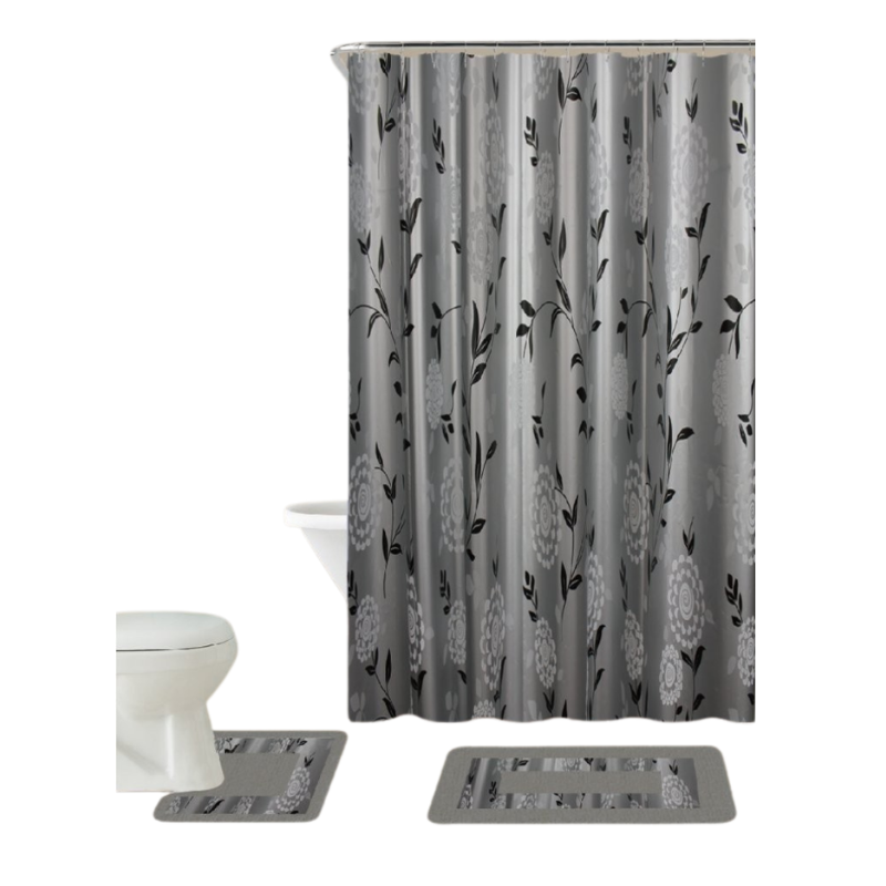 NBL1745X75GRY (2) Kennedy badkamerset met douchegordijn, badmat, toiletmat en 12 gordijnringen – complete set voor een verzorgde en veilige badkamer.