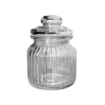 Glazen voorraadpot van 650 ml met geribbeld ontwerp en decoratief deksel met knop, geschikt voor keuken of badkamer.