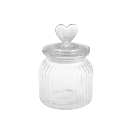 Glazen voorraadpot van 650 ml met verticale ribbels en decoratief deksel met hartvormige knop, geschikt voor keuken of badkamer.