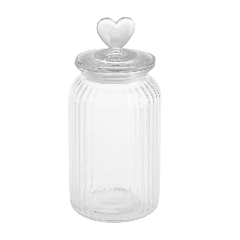 NS428834 Glazen voorraadpot van 950 ml met verticale ribbels en decoratief deksel met hartvormige knop, geschikt voor keuken of badkamer.