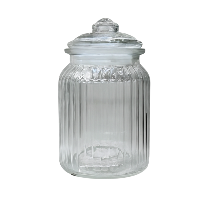 NS428837 (1) Glazen voorraadpot van 650 ml met geribbeld ontwerp en decoratief deksel met knop, geschikt voor keuken of badkamer.