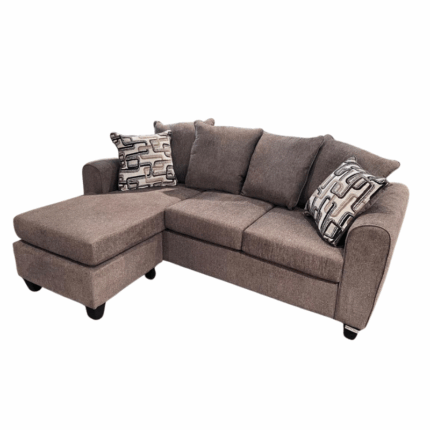 Woodhouse hoekbank met chaise links in bruine stof, inclusief sierkussens en houten poten