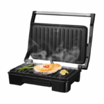 Sokany Panini & Contact Grill – Voorzijde Sokany Panini & Contact Grill – Bovenaanzicht Sokany Panini & Contact Grill – Met panini en groenten Sokany Panini & Contact Grill – Close-up anti-stick grillplaten