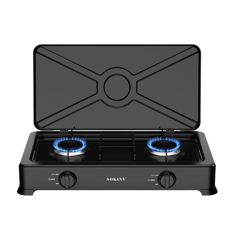 L0722108 SOKANY vrijstaande gaskookplaat met twee branders en opklapbare metalen deksel.
