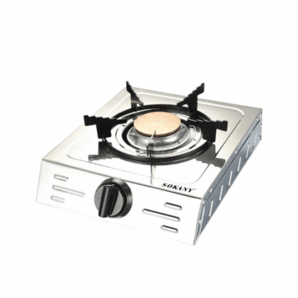SOKANY SK‑07023 vrijstaande gaskookplaat met één messing brander en RVS behuizing.