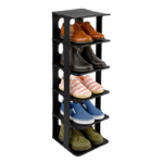 Sev zwart plastic schoenenrek met vijf lagen vol schoenen