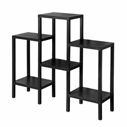 Zwart Sev plastiek multifunctioneel opbergrek met meerdere niveaus, gebruikt als displayrek voor boeken, planten en decoratie.