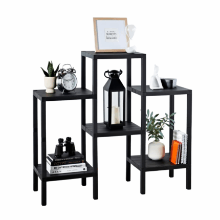 Zwart Sev plastiek multifunctioneel opbergrek met meerdere niveaus, gebruikt als displayrek voor boeken, planten en decoratie.