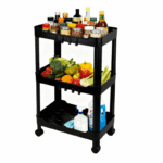 zwart Sev opbergrek op wieltjes met drie lagen, gevuld met voorraadpotten en keukenartikelen.