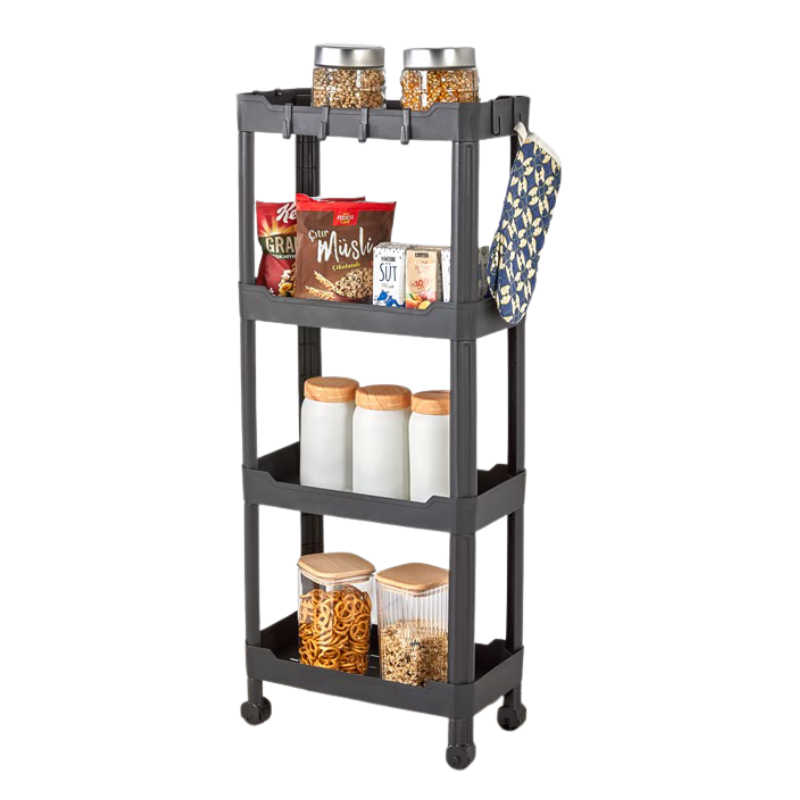 SP412 zwart Sev opbergrek op wieltjes met vier lagen, gevuld met voorraadpotten en keukenartikelen.