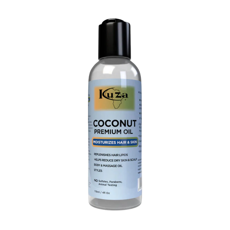074867055244 Kuza Coconut Premium Oil hydrateert haar en huid, helpt droge hoofdhuid verzorgen en geeft het haar glans en zachtheid.