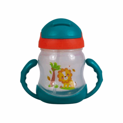 Kinder drinkbeker met rietje en handvatten, gele dop en blauwe handgrepen, peuter drinkbeker met dierillustratie