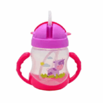 Kinder drinkbeker met rietje en handvatten, gele dop en blauwe handgrepen, peuter drinkbeker met dierillustratie