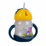 Kinder drinkbeker met rietje en handvatten, gele dop en blauwe handgrepen, peuter drinkbeker met dierillustratie