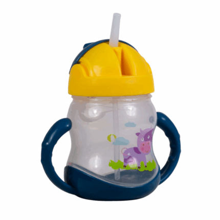 Kinder drinkbeker met rietje en handvatten, gele dop en blauwe handgrepen, peuter drinkbeker met dierillustratie