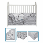 Babybeddengoed set met comforter, hoeslaken en bedrok in grijze print voor babybed