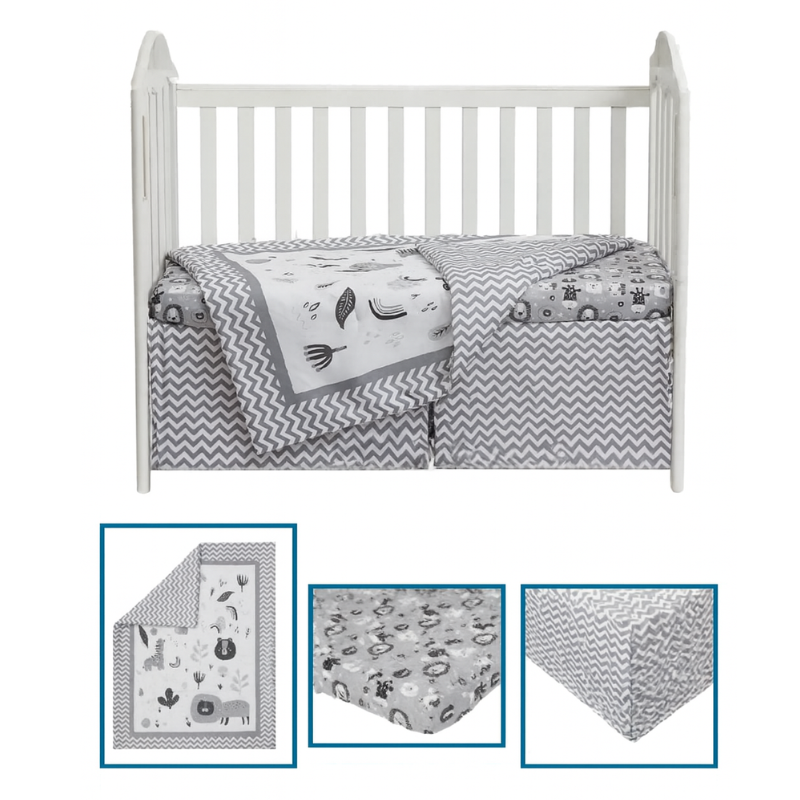 7241433173 Babybeddengoed set met comforter, hoeslaken en bedrok in grijze print voor babybed