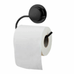 Zwarte toiletrolhouder met zuignap gemonteerd op een betegelde badkamerwand