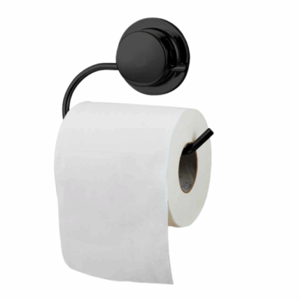 Zwarte toiletrolhouder met zuignap gemonteerd op een betegelde badkamerwand