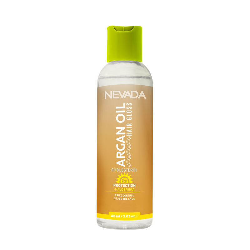 847610028099 Nevada Argan Oil Hair Gloss met cholesterol en aloe vera helpt pluis verminderen, haarpunten afsluiten en geeft het haar glans en zachtheid.
