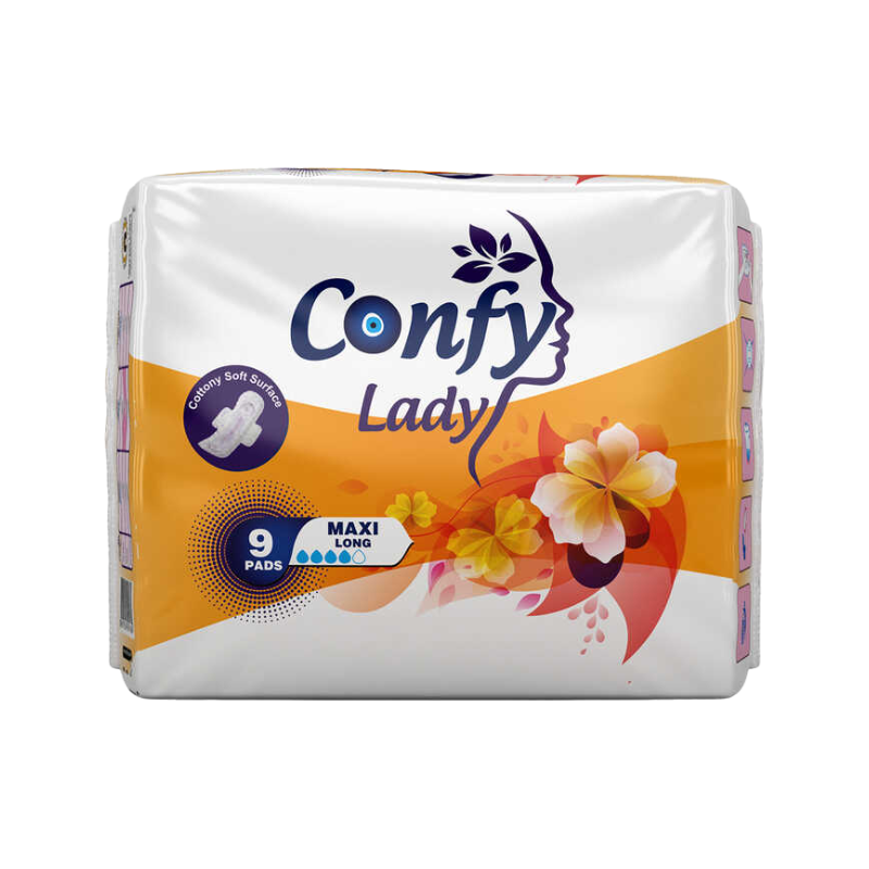 8697924594184 Confy Lady Maxi Long maandverband verpakking 9 stuks extra lang hoge absorptie dames hygiëne product