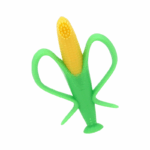 Siliconen baby bijtring in de vorm van een maïskolf op witte achtergrond