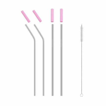 Herbruikbare roestvrijstalen rietjes met roze siliconen mondstukjes en reinigingsborsteltje