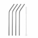 Set van vier gebogen roestvrijstalen rietjes met schoonmaakborsteltje