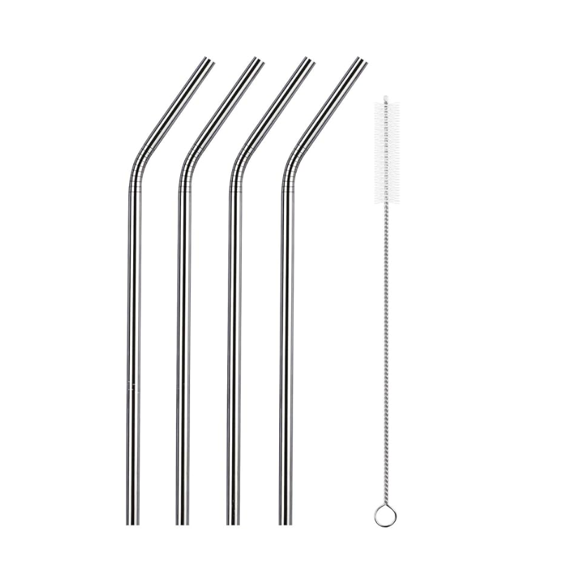 EY824 Set van vier gebogen roestvrijstalen rietjes met schoonmaakborsteltje