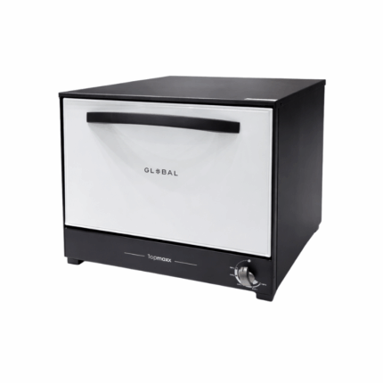 Global gasoven 107 liter zwart wit vrijstaand model met draaiknop voorzijde