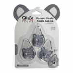 Set van drie koala-vormige zelfklevende wandhaken van Qlux Ideas op verpakking, transparant design