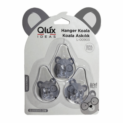 Set van drie koala-vormige zelfklevende wandhaken van Qlux Ideas op verpakking, transparant design