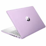 HP 14 inch laptop in lavender kleur schuin van achter met zichtbaar HP logo