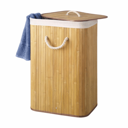 Naturel bamboe rechthoekige wasmand met deksel en handvatten van 40x30x60 cm.