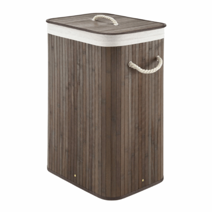Espresso kleur bamboe wasmand met deksel en handvatten van 40x30x60 cm.