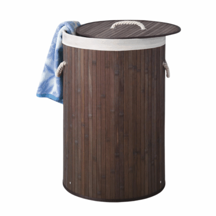 Bamboe wasmand espresso bruin met deksel en handvatten ronde wasmand 40x60 cm