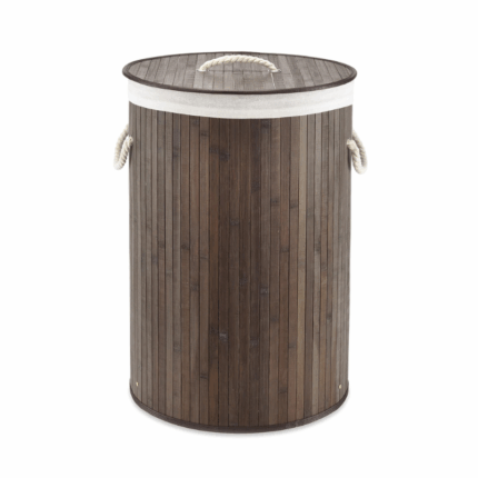 Bamboe wasmand espresso bruin met deksel en handvatten ronde wasmand 40x60 cm