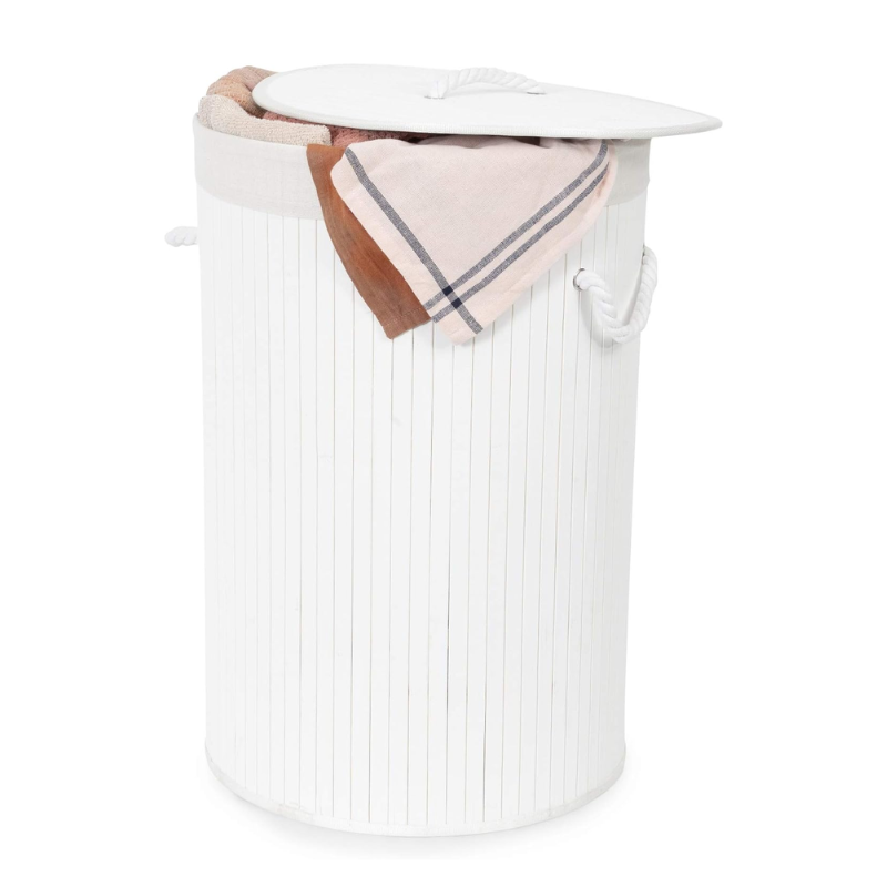42396 (1) Witte ronde bamboe wasmand met deksel en handvatten van 40x60 cm op witte achtergrond.