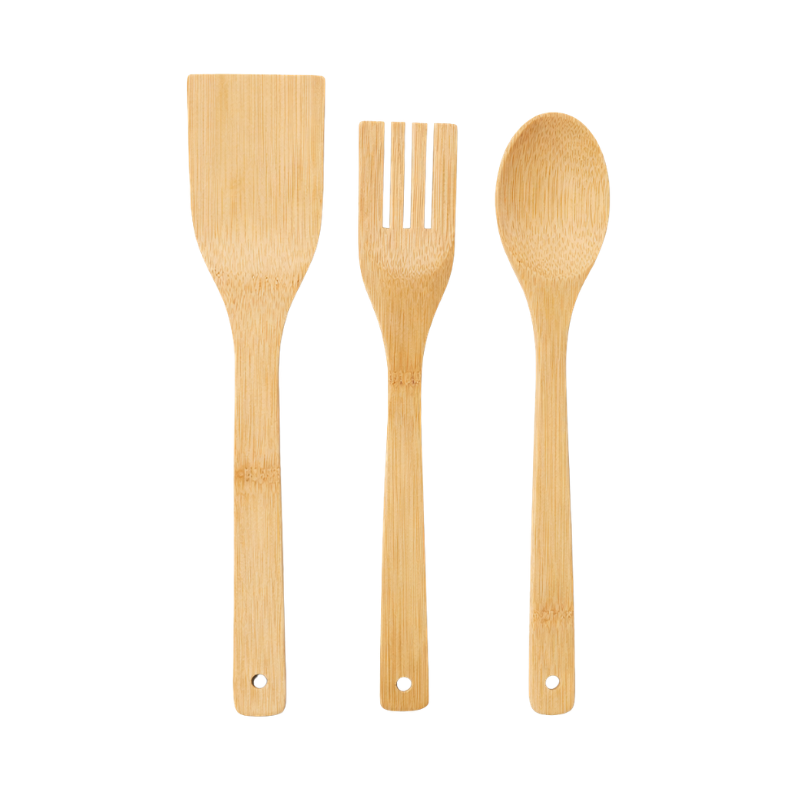 50198 Lotus bamboe keukengerei set 3-delig met spatel, sleufspatel en lepel op witte achtergrond.