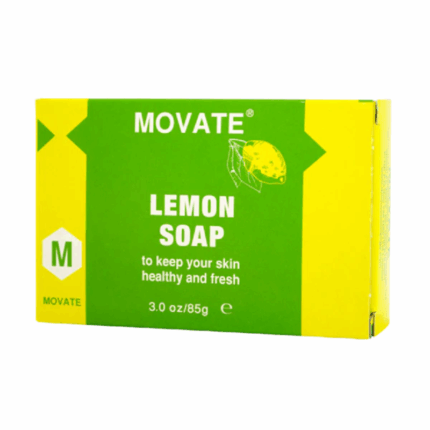 Movate Lemon Soap 85 gram – verfrissende citroenzeep in groene en gele verpakking voor dagelijkse huidreiniging.