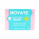 Movate Aloe Vera Soap 100 gram – verzorgende vaste zeep met aloe vera in blauw-roze verpakking voor dagelijkse huidreiniging.