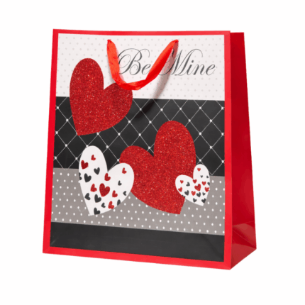 Love Hearts cadeautasje met rode hartjes en Be Mine tekst op witte achtergrond