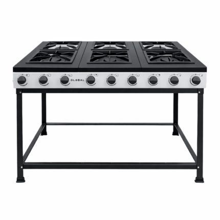 Global gas kooktoestel met 6 branders en metalen frame, vrijstaand model