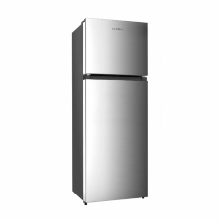 Global 7.2 Cu.Ft. No Frost koelkast met vriesvak boven en FreshZone groentelade, vrijstaand model in roestvrijstaal.